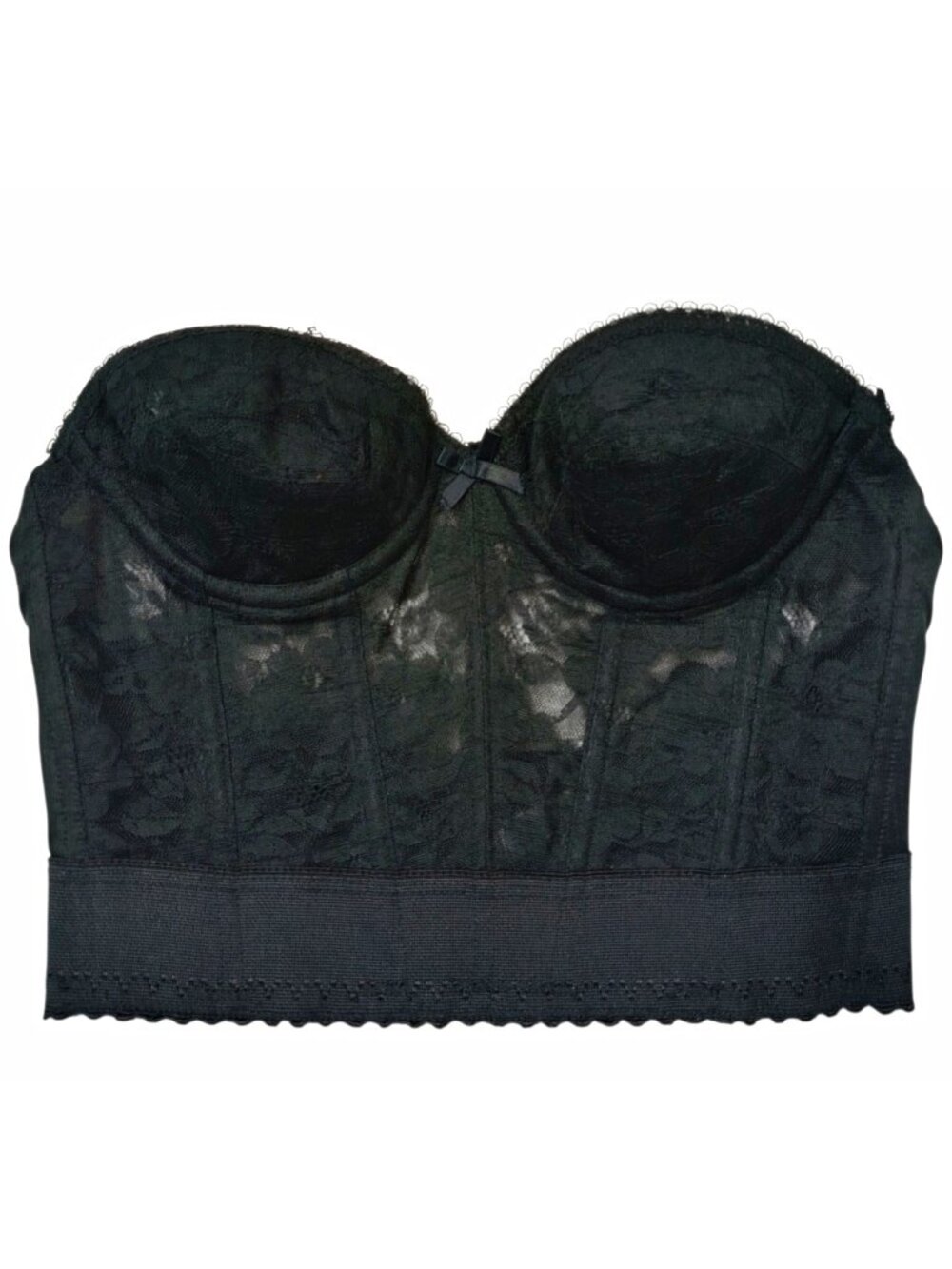 Vintage Q-T Foundation 32A Black Lace Longline Strapless Bra Bustier Boned